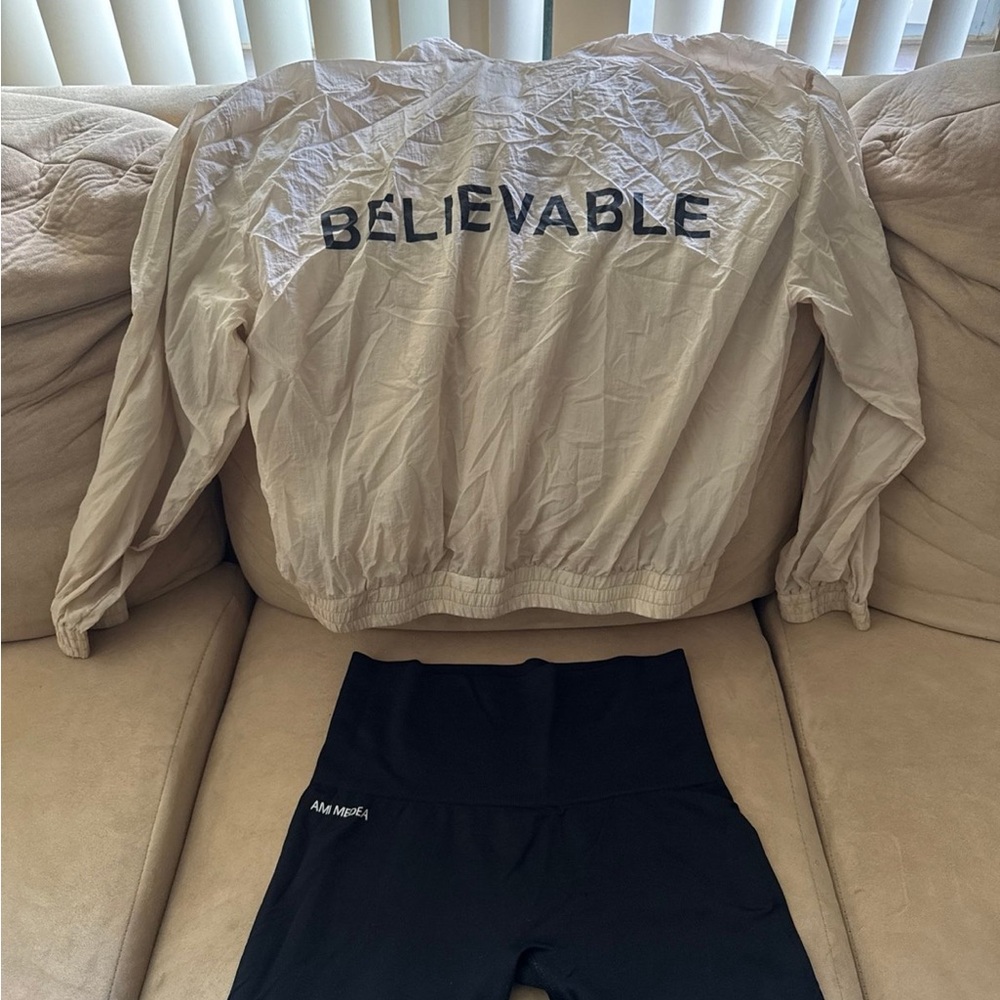 SHEIN Beige 'Believable' Jacket and Black Leggings Set